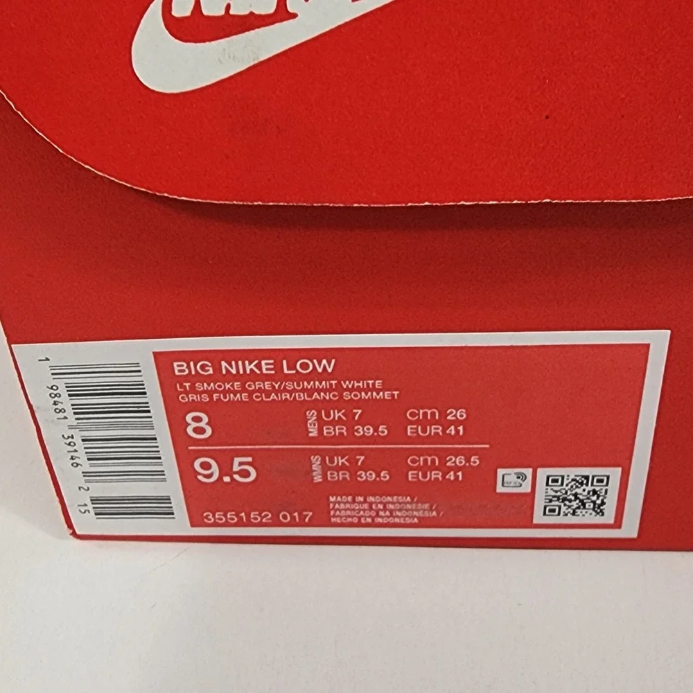 Nike Big Nike Low Mens Size 8‎ Light Smoke Grey Summit White Sneakers 355152-017